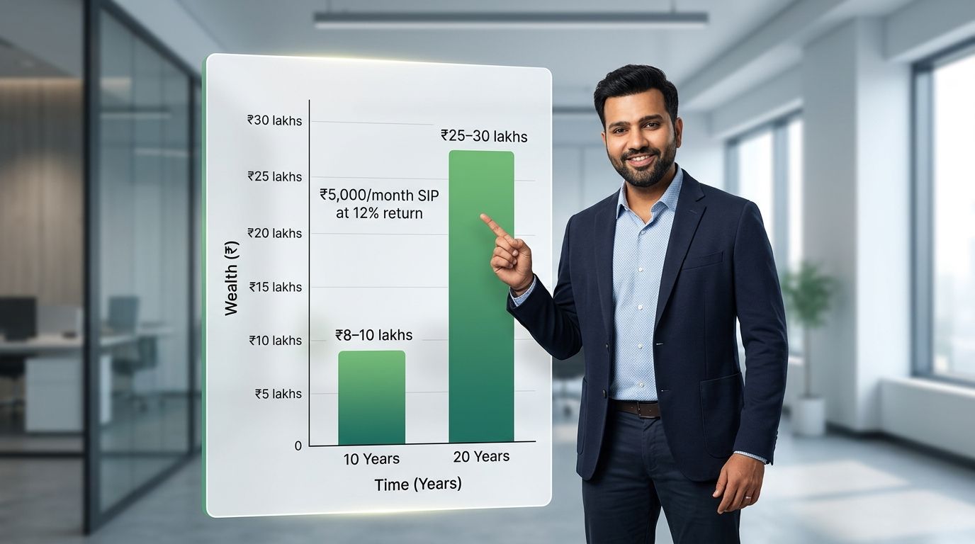 small investment India monthly — bar chart showing SIP wealth growth over 10 and 20 years