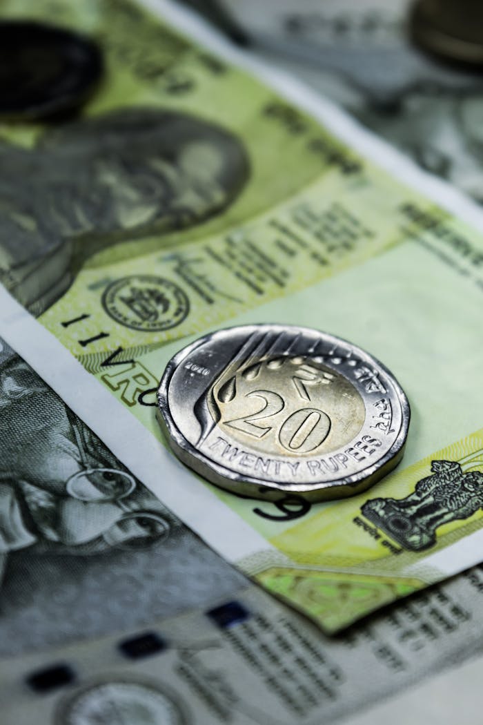 Close-up photo of a 20 rupee coin on Indian currency notes, showcasing India's financial themes.